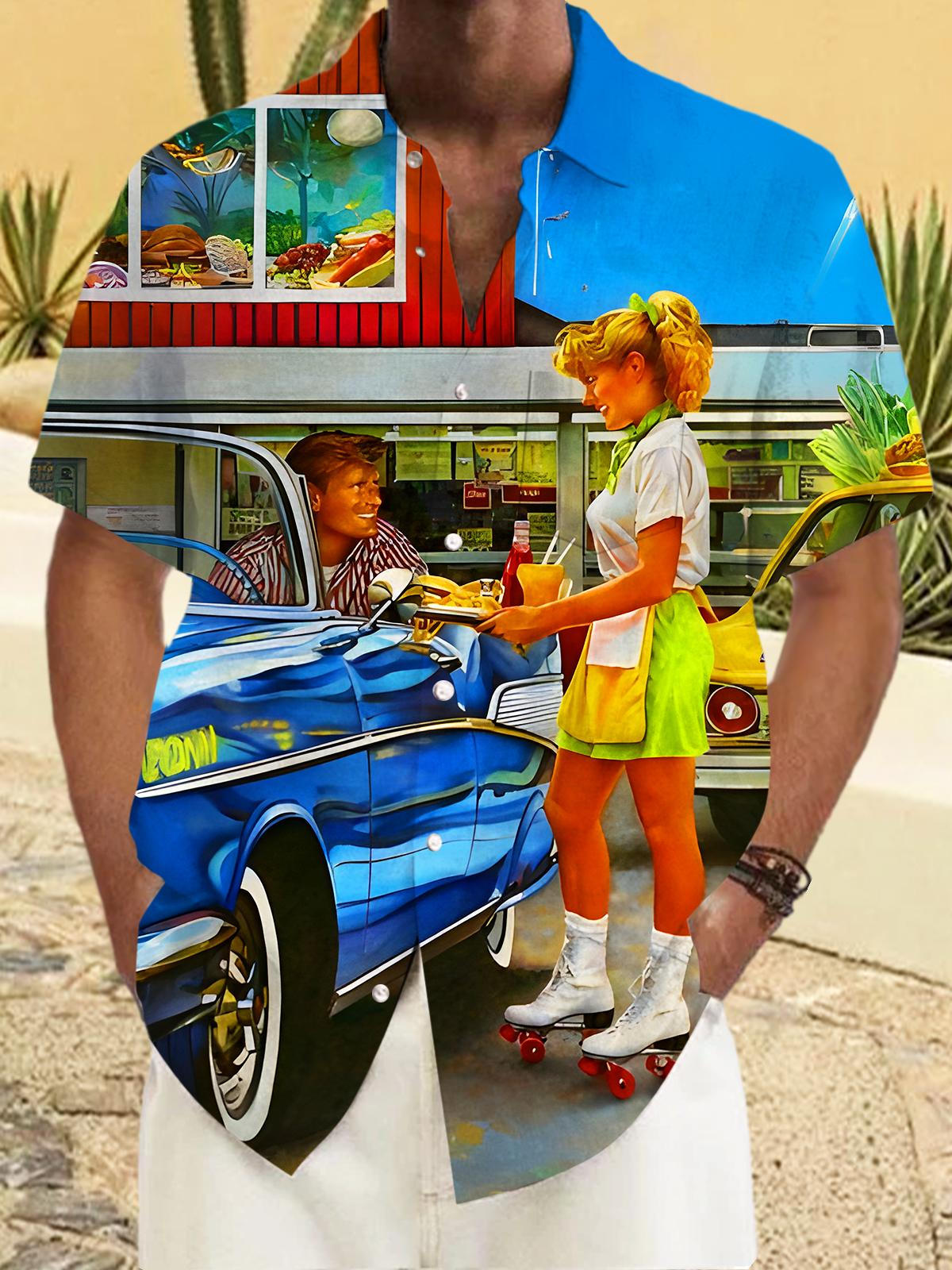 Retro Fun Fast Food Drive-in Restaurant Roller-skating Waitstaff Men's Pocket Short Sleeve Shirts