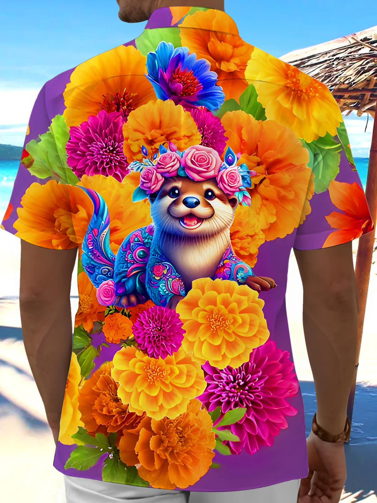 Funny Colorful Floral Otter Men's Pocket Short Sleeve Shirts