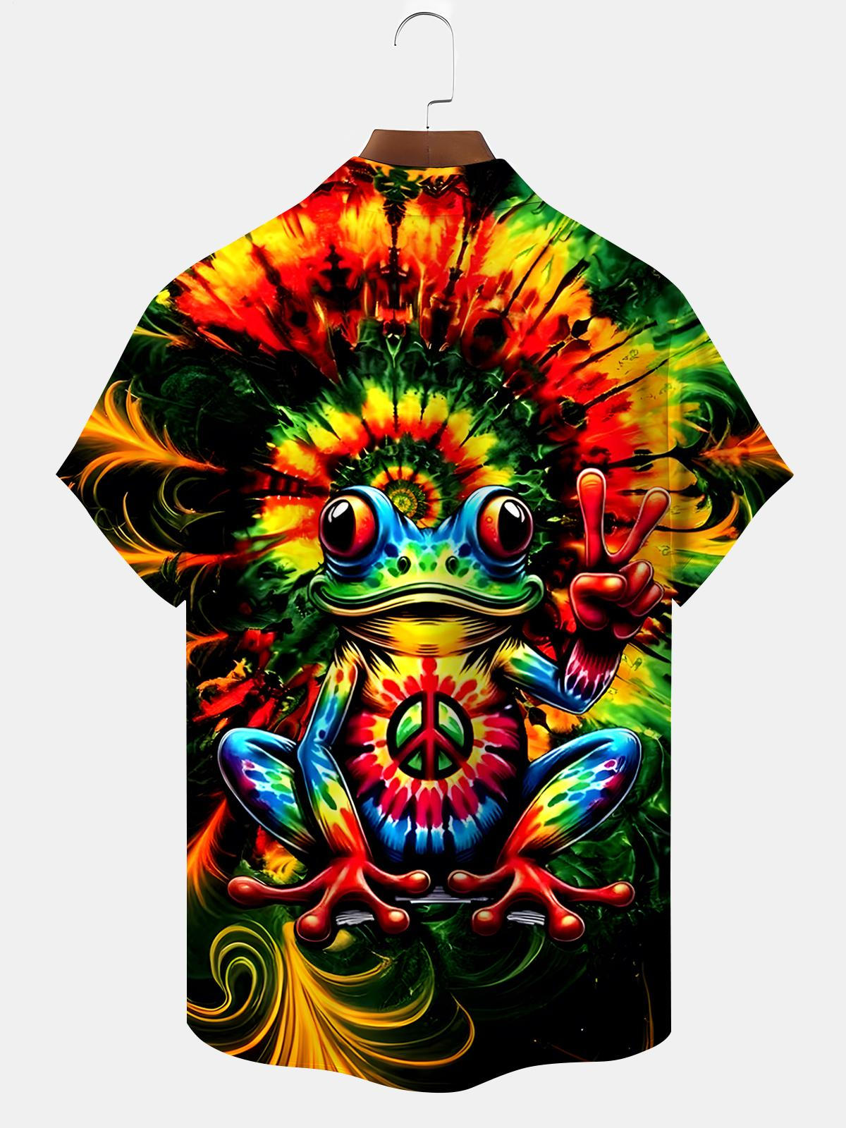 Tie Dye Hippie Frog Men's Pocket Short Sleeve Shirts