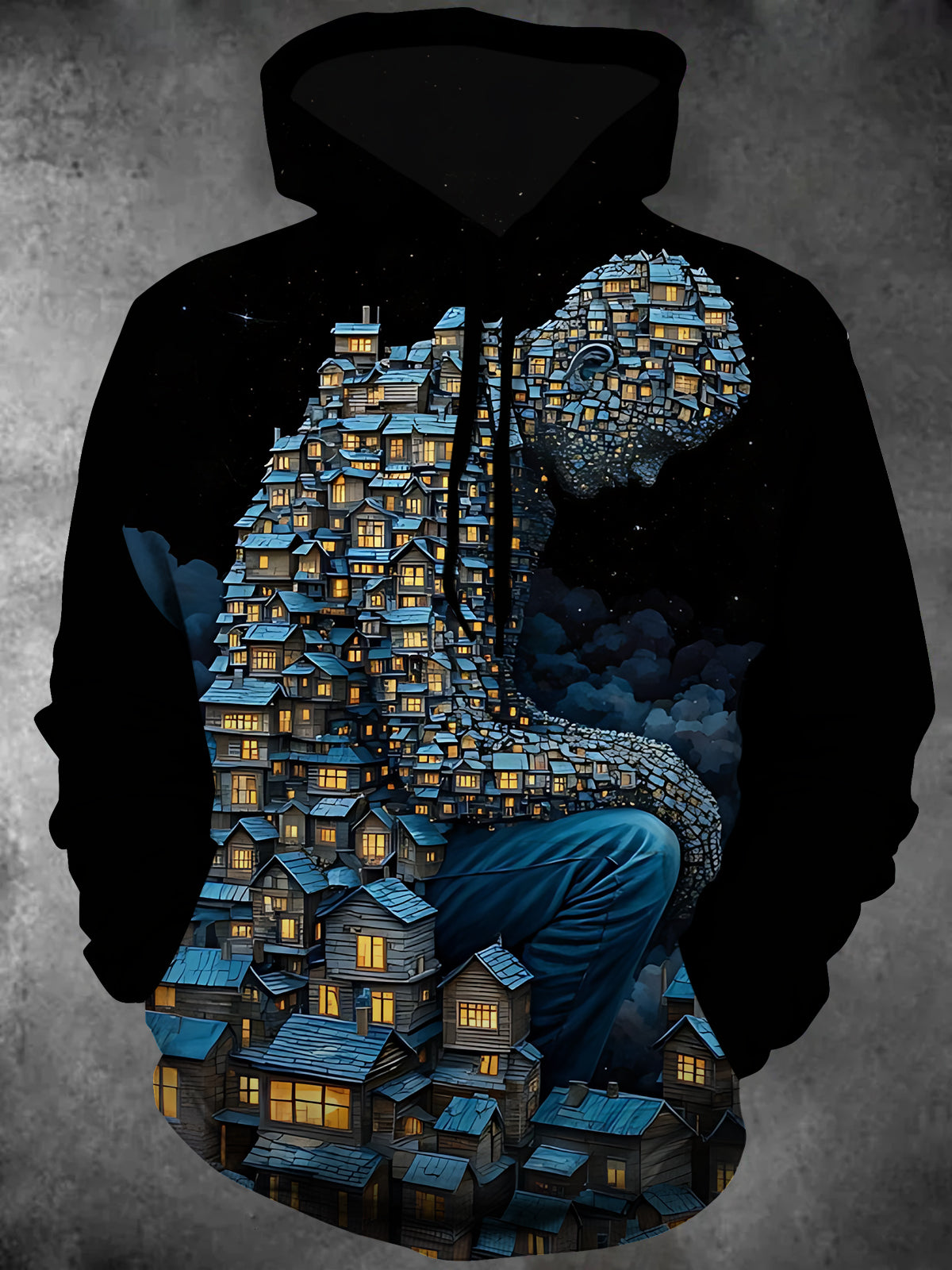 House Art Print Long Sleeve Hooded Pocket Men's Top