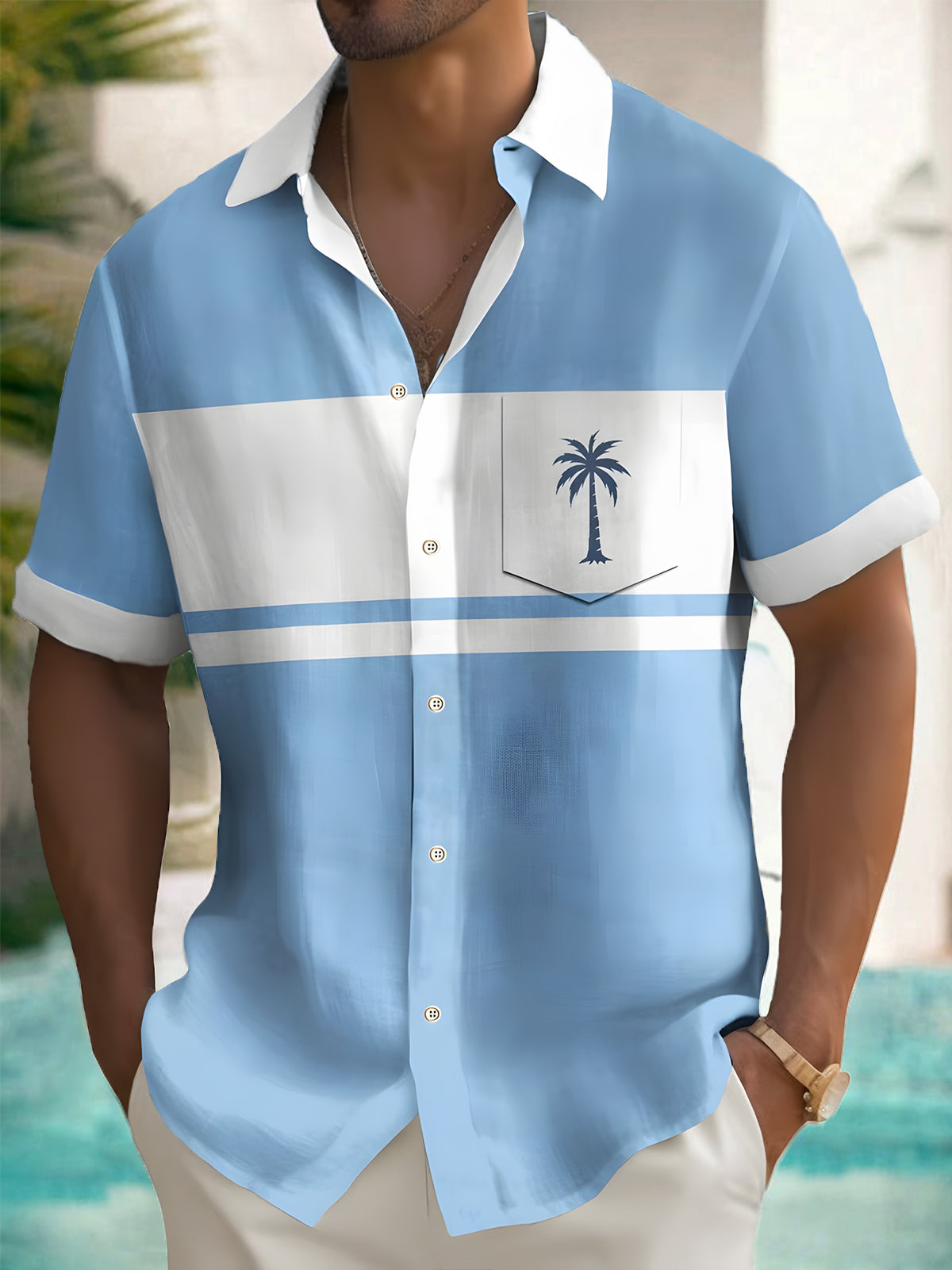 Hawaiian Colorblock Coconut Tree Print Men's Pocket Short Sleeve Shirts