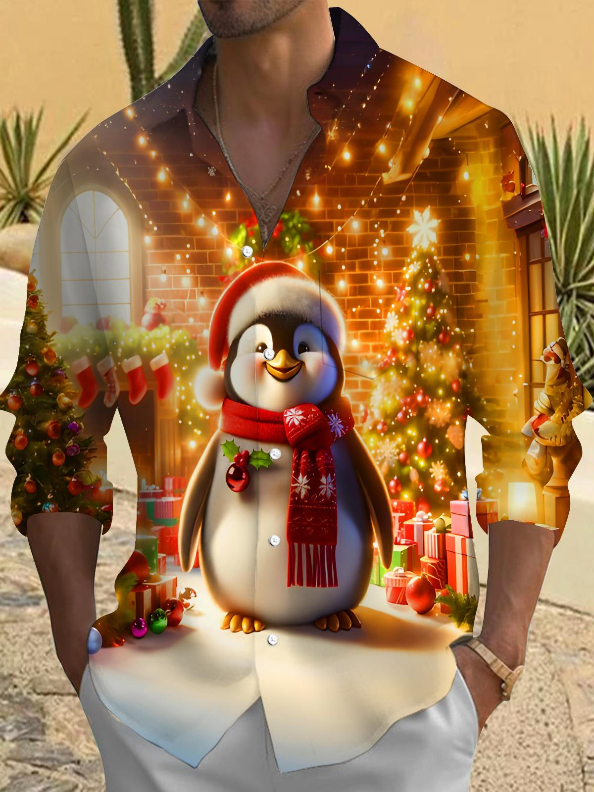 Funny Christmas Penguins Men's Pocket Long Sleeve Shirts