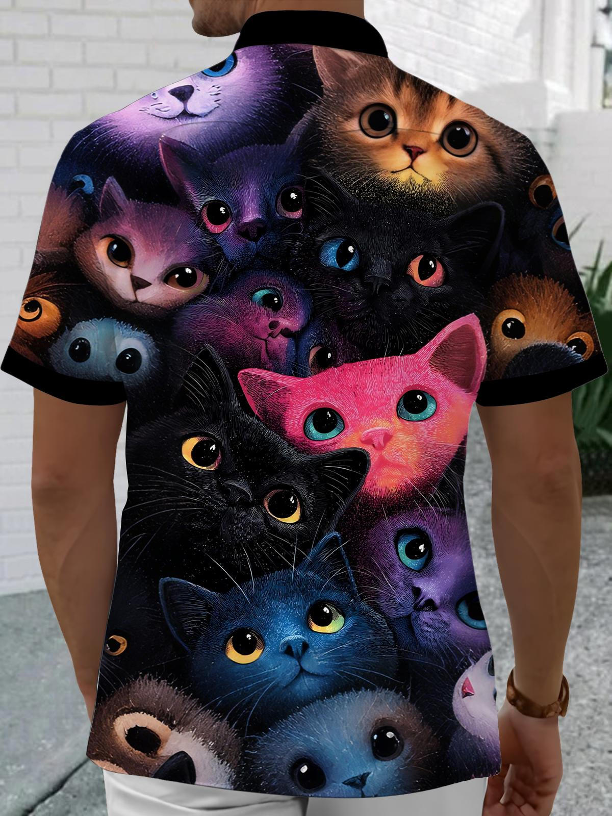 Cat Print Men's Pocket Short Sleeve Shirts