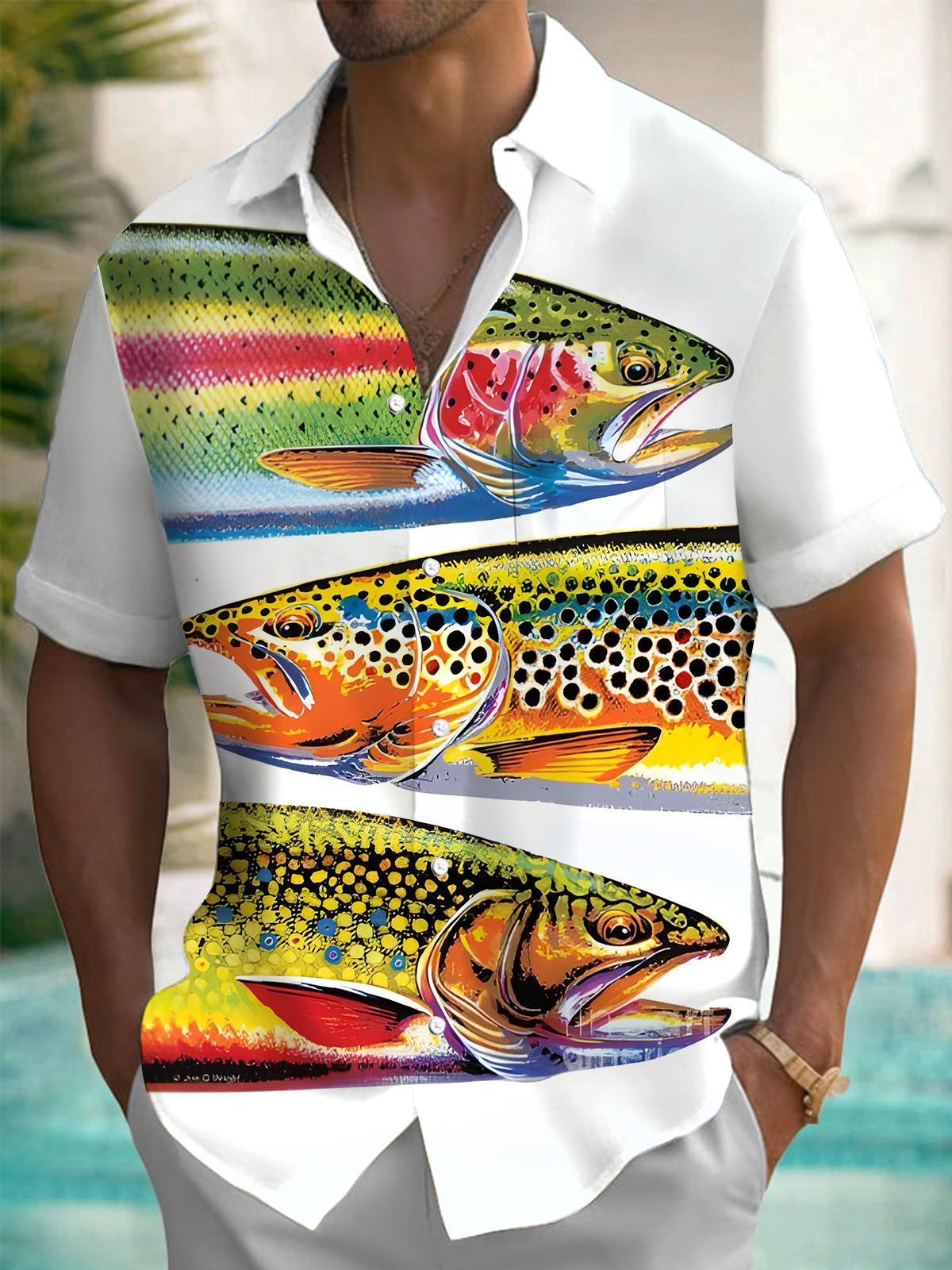 Fish Print Men's Pocket Short Sleeve Shirts