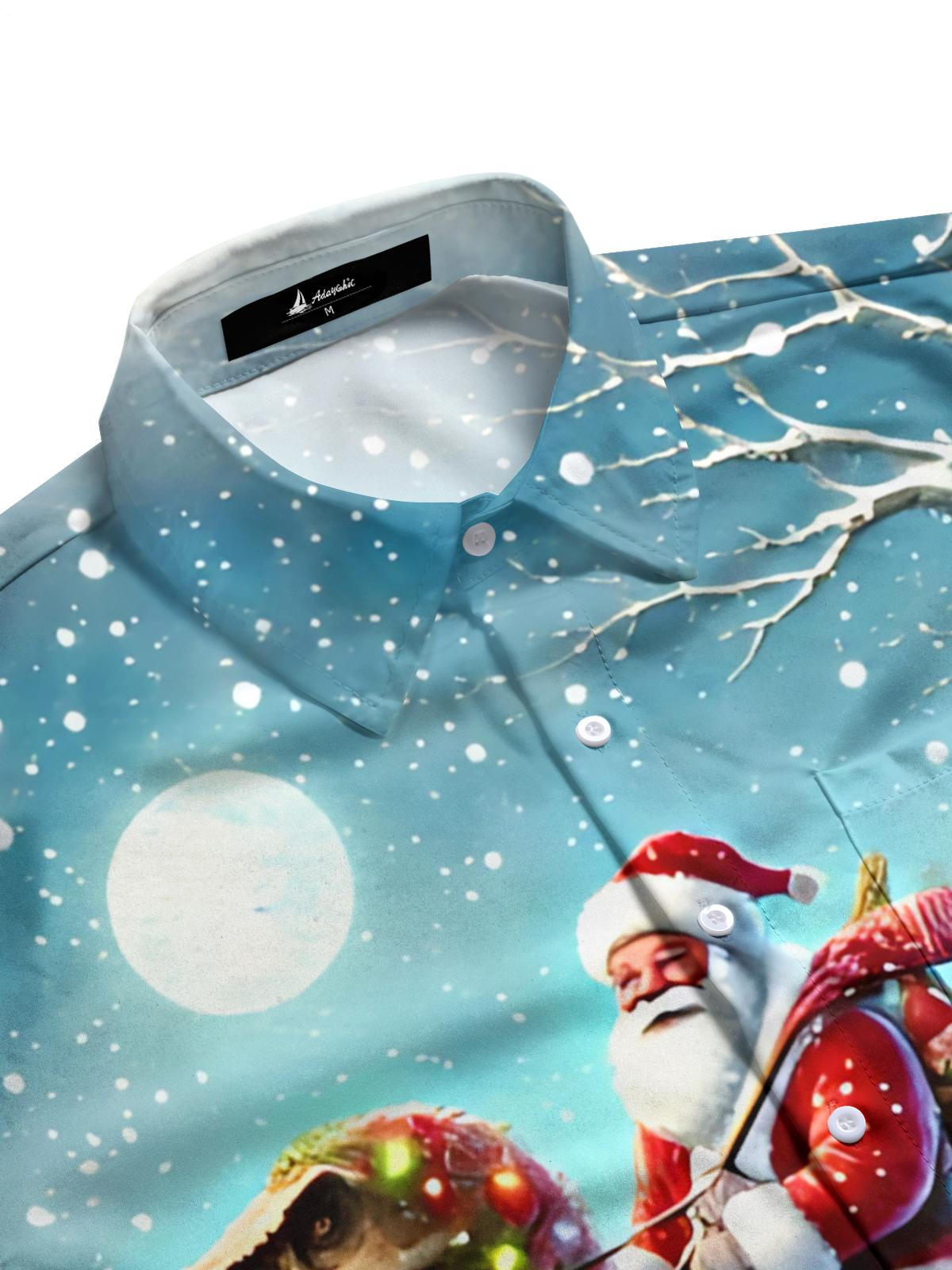 Santa Claus Dinosaur Print Men's Pocket Short Sleeve Shirts
