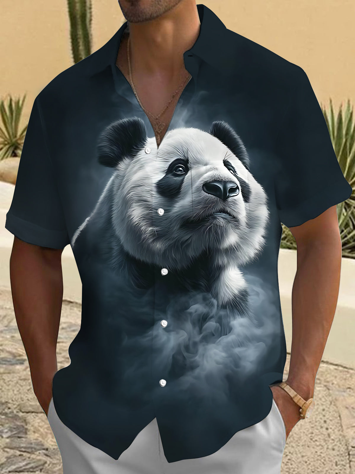 Panda Print Men's Pocket Short Sleeve Shirts