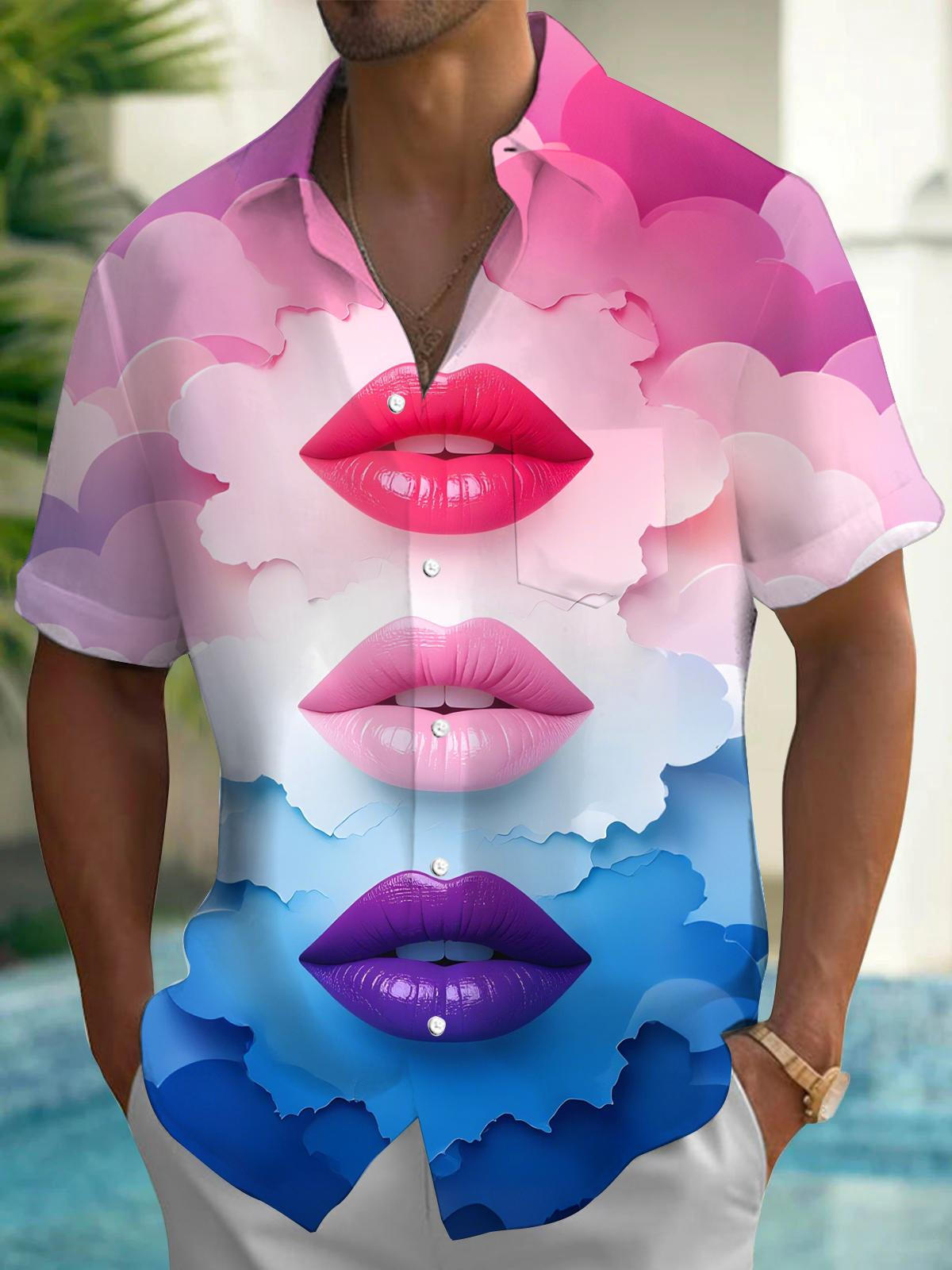 Lip Print Men's Pocket Short Sleeve Shirts