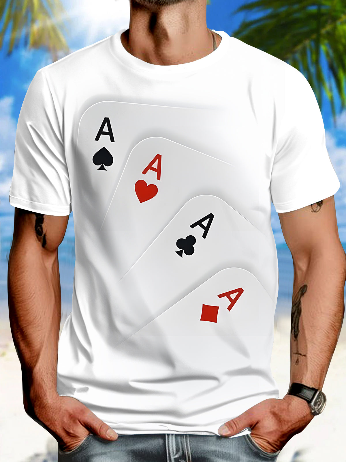 Poker Print Round Neck Short Sleeve Men's T-shirt