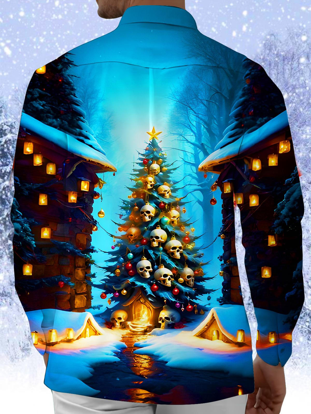 Funny Skull Christmas Tree Xmas Men's Pocket Long Sleeve Shirts