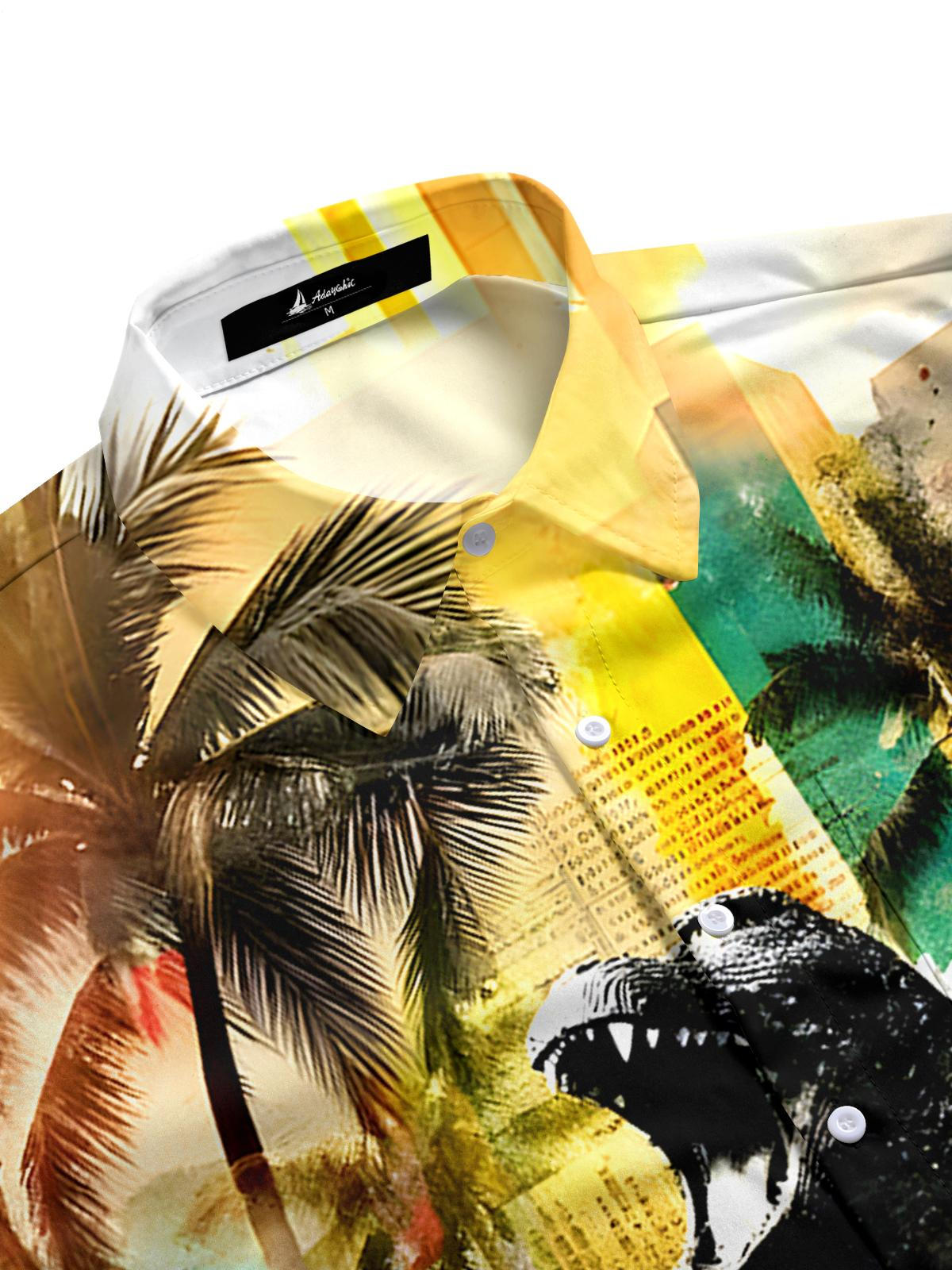 Hawaiian Coconut Tree Dinosaur Men's Pocket Short Sleeve Shirts