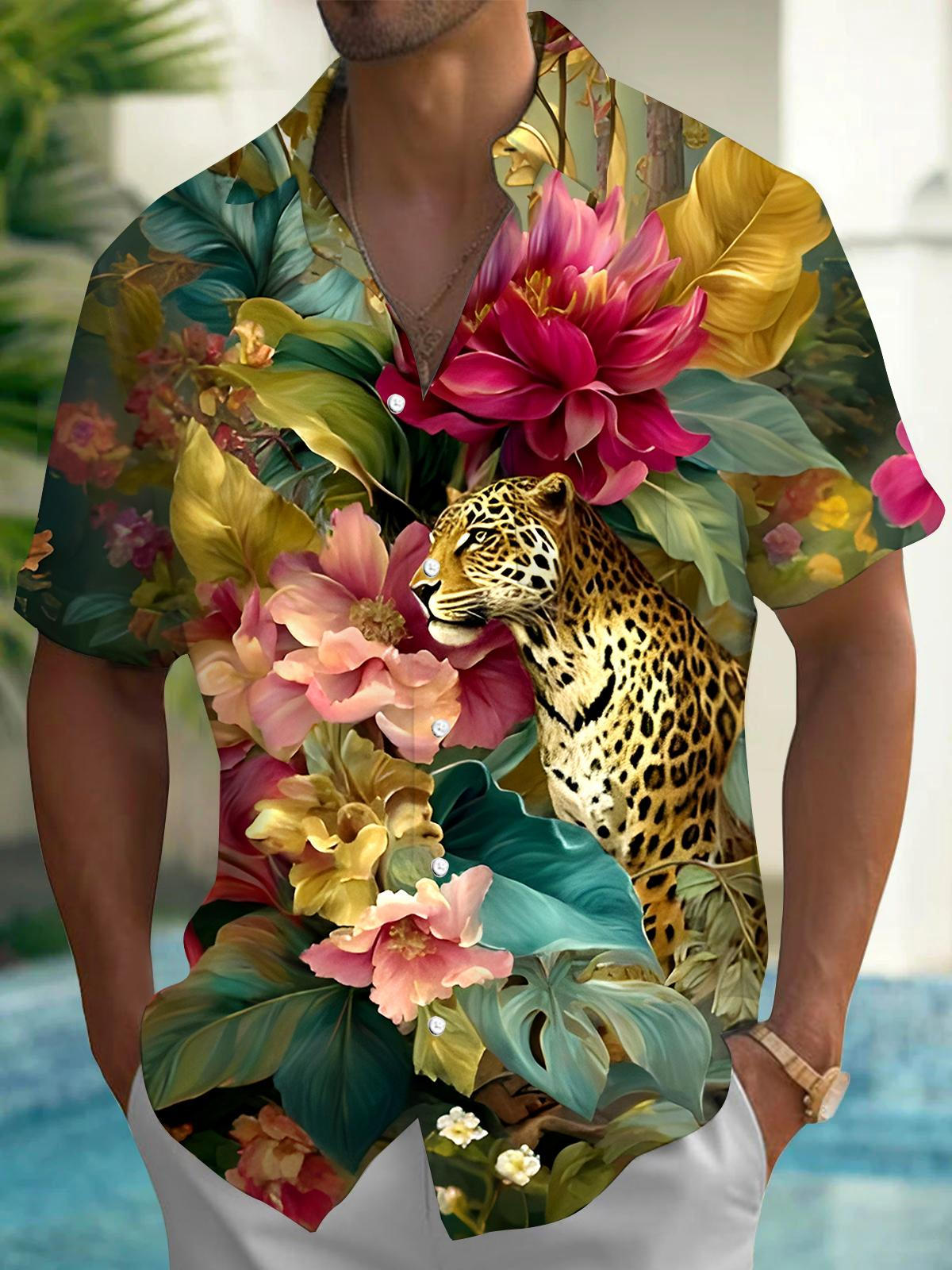 Cheetah Floral Men's Pocket Short Sleeve Shirts
