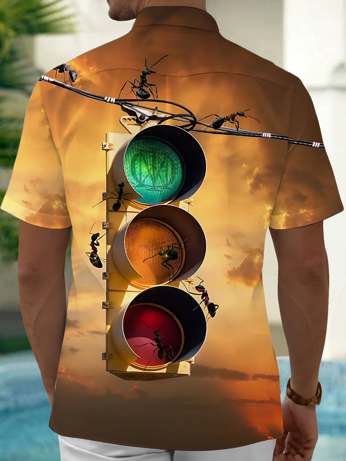 Traffic light Ant Print Men's Pocket Short Sleeve Shirts