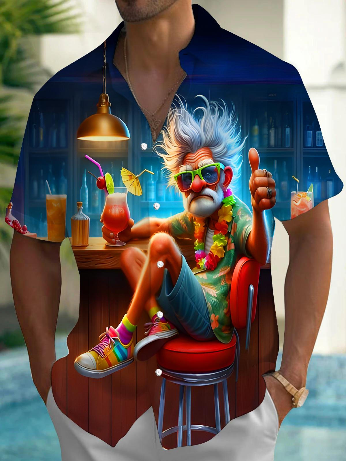 Funny Elderly Man Sitting At The Bar Men's Pocket Short Sleeve Shirts
