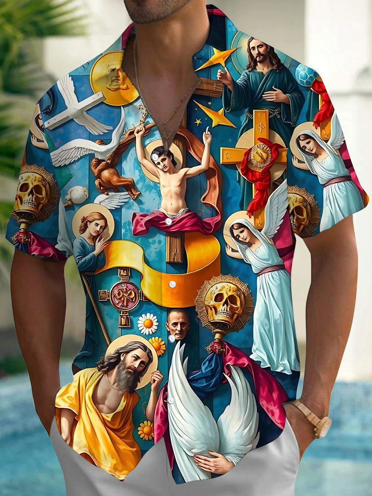 Christian Figure Art Print Men's Pocket Short Sleeve Shirts