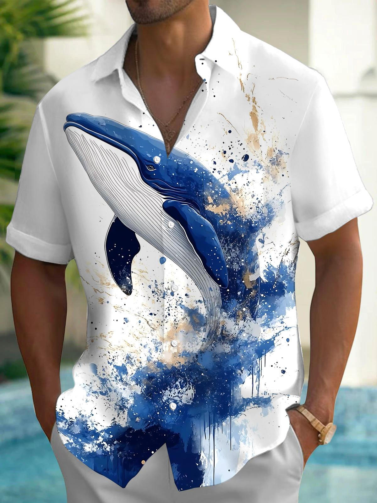 Blue Whale Print Men's Pocket Short Sleeve Shirts