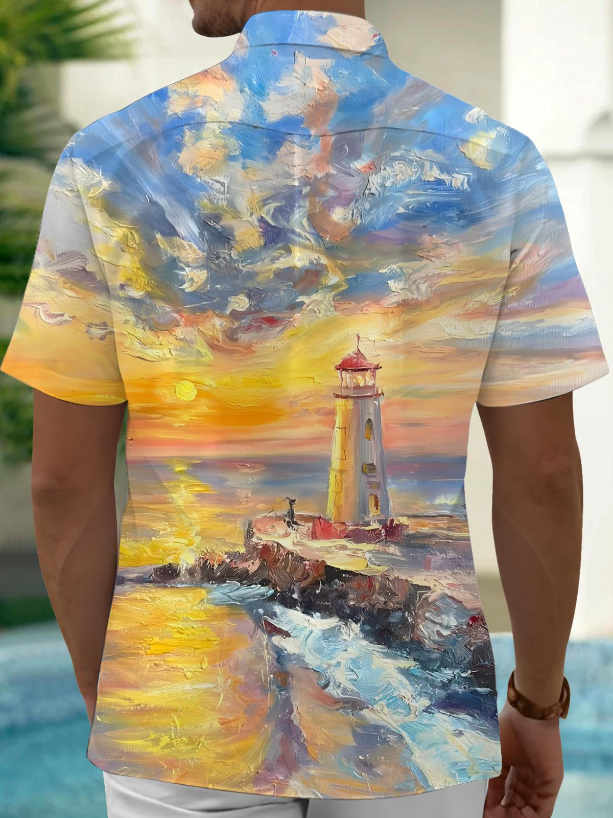 Lighthouse Oil Painting Art Print Men's Pocket Short Sleeve Shirts