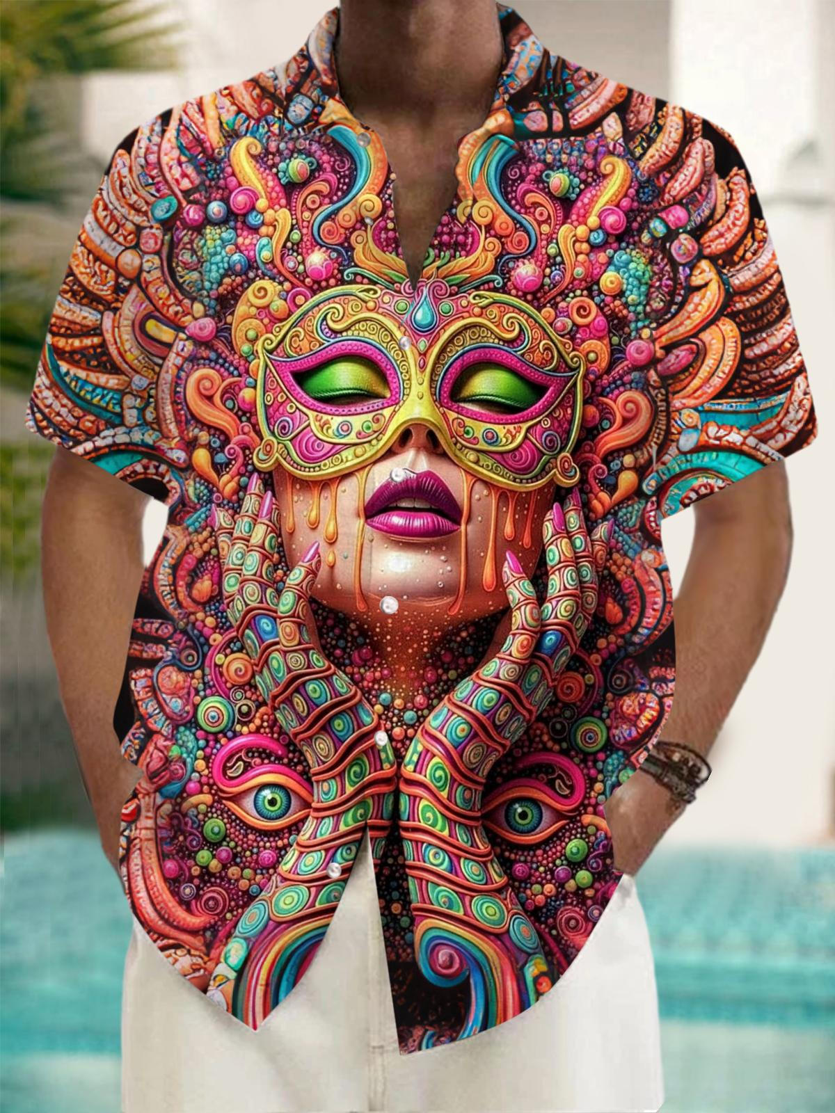 Face Mask Print Men's Pocket Short Sleeve Shirts