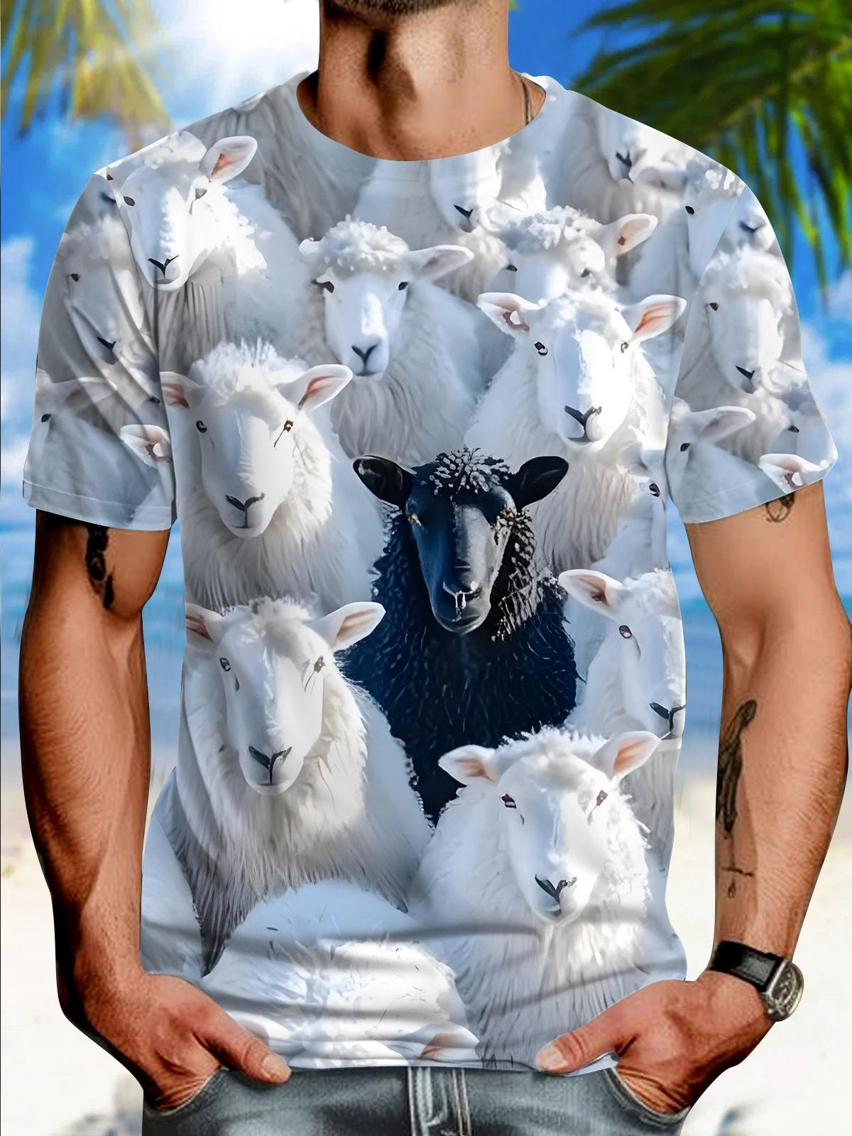 Sheep Print Round Neck Short Sleeve Men's T-shirt