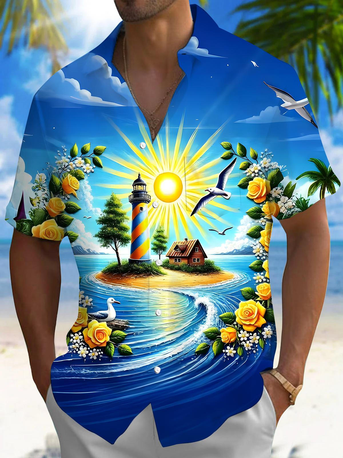 Hawaiian Lighthouse Floral Men's Pocket Short Sleeve Shirts