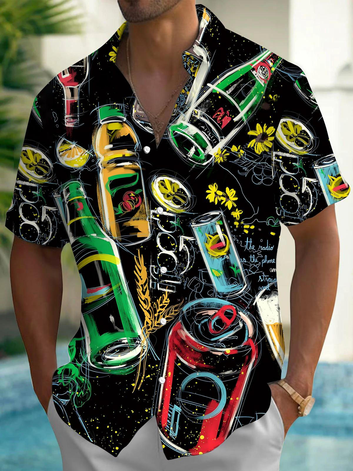 Beer Print Men's Pocket Short Sleeve Shirts