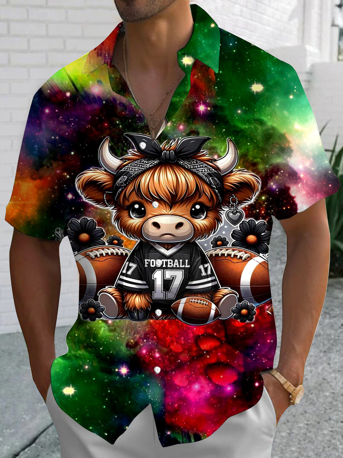 Highland Cattle American Football Print Men's Pocket Short Sleeve Shirts