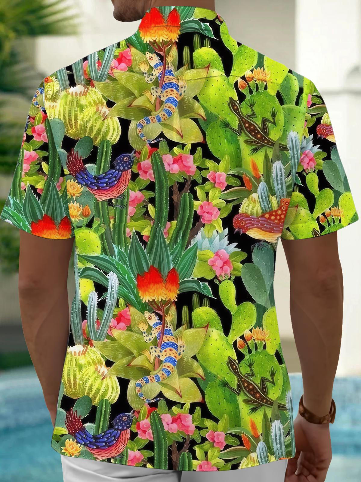 Plant Lizard Print Men's Pocket Short Sleeve Shirts