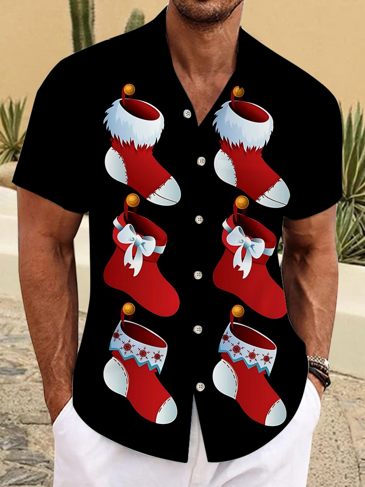 Christmas Socks Print Men's Pocket Short Sleeve Shirts