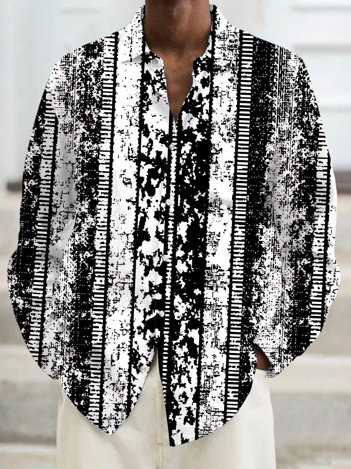 Gradient Line Print Men's Pocket Long Sleeve Shirts