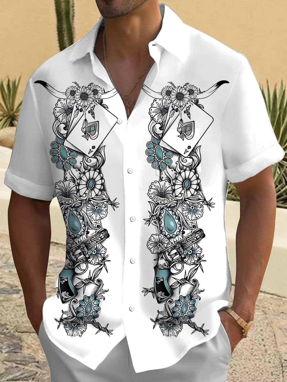 Western Cowboy Flower Playing Card Turquoise Print Men's Pocket Short Sleeve Shirts
