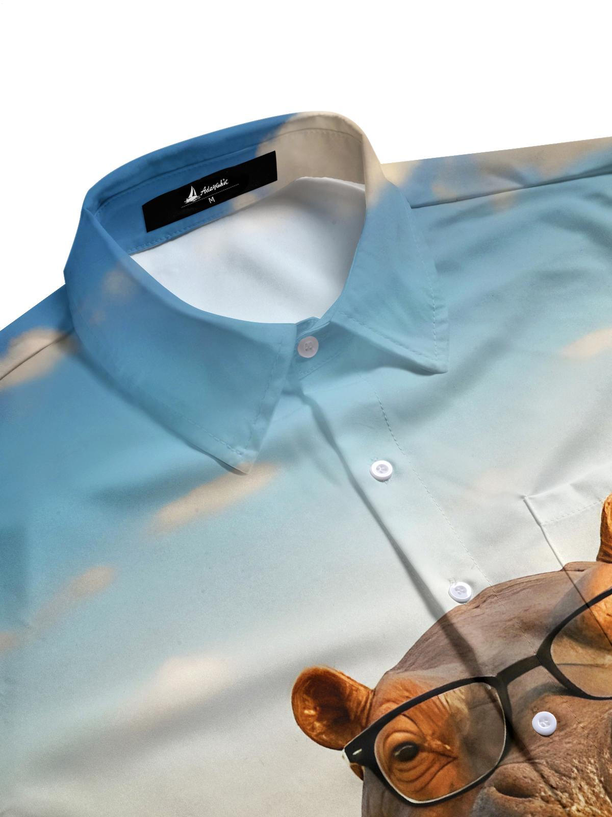 Funny Grinning Hippo Men's Pocket Short Sleeve Shirts