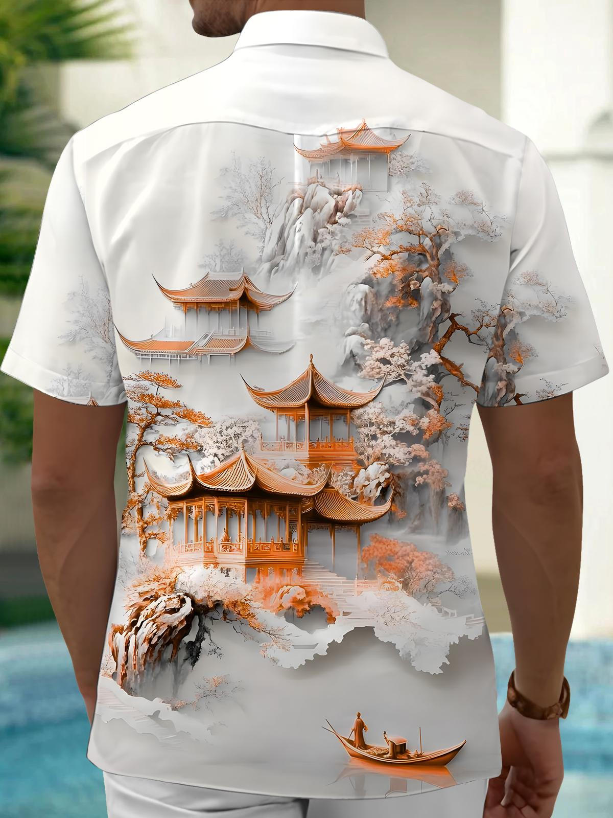 Floral Courtyard Print Men's Pocket Short Sleeve Shirts