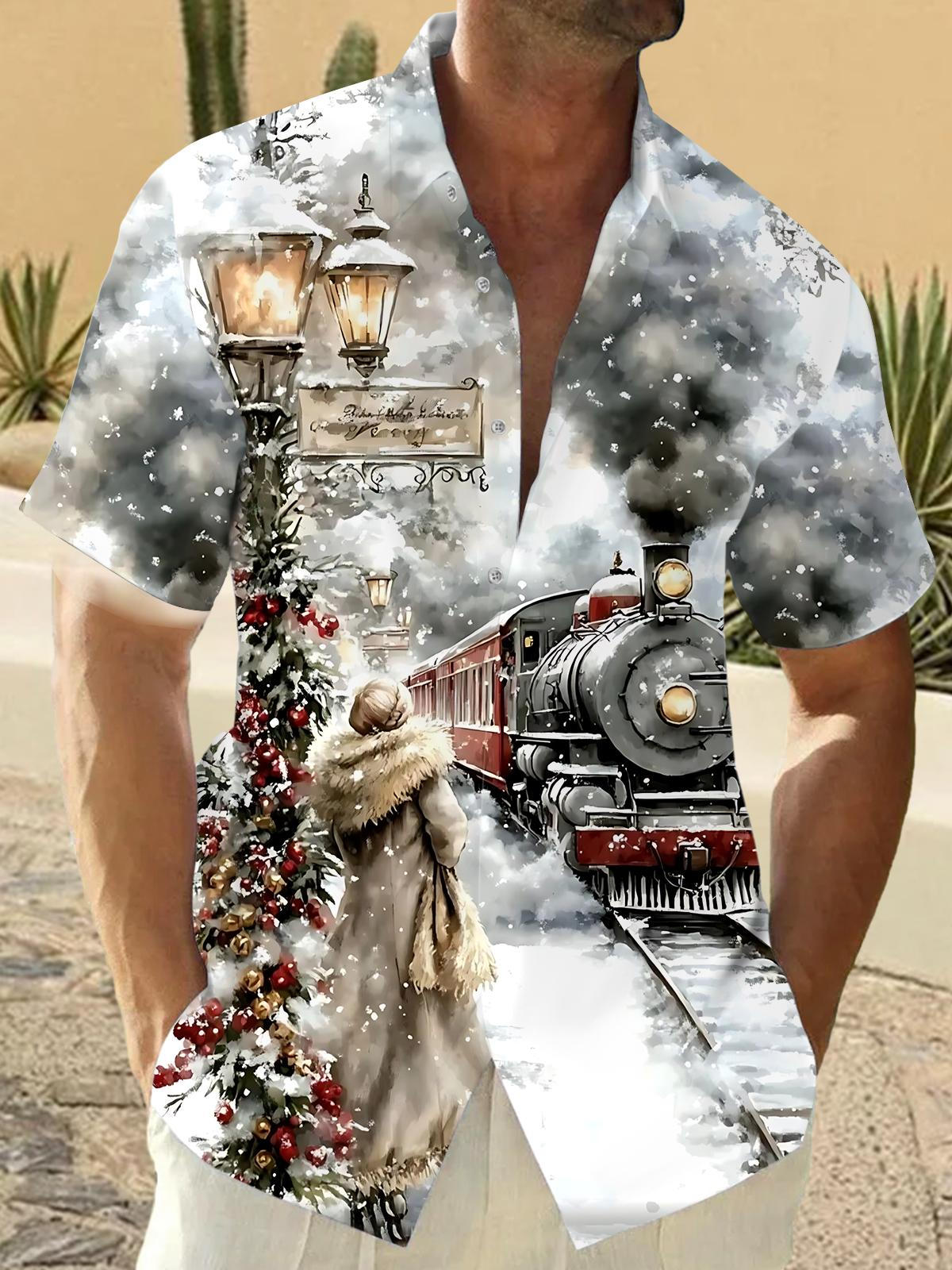 Winter Christmas Train Print Men's Pocket Short Sleeve Shirts