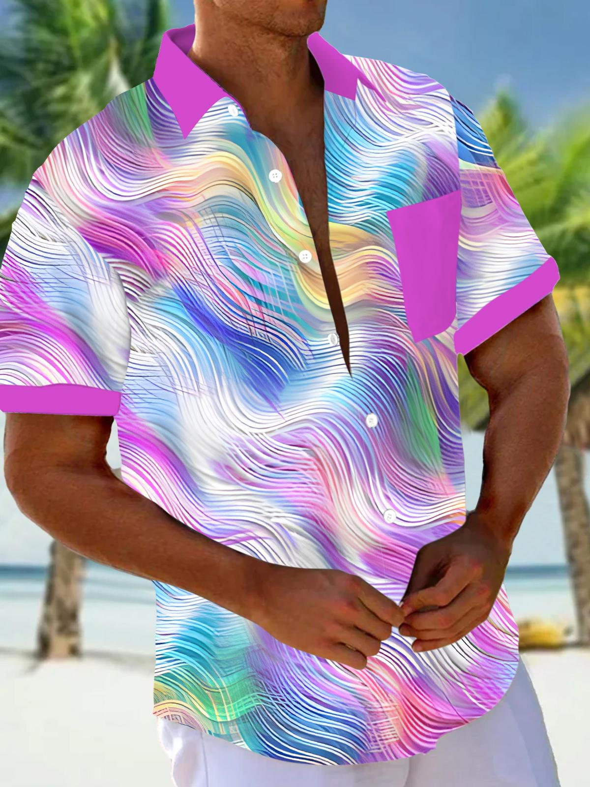 Gradient Line Print Men's Pocket Short Sleeve Shirts