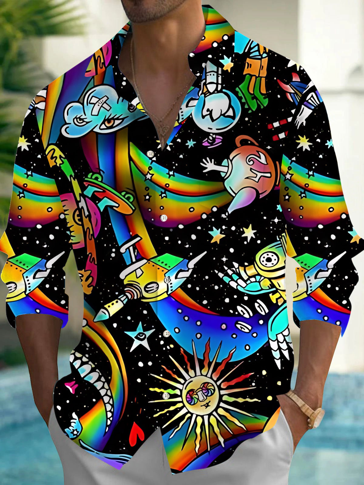 Space Art Print Men's Pocket Long Sleeve Shirts