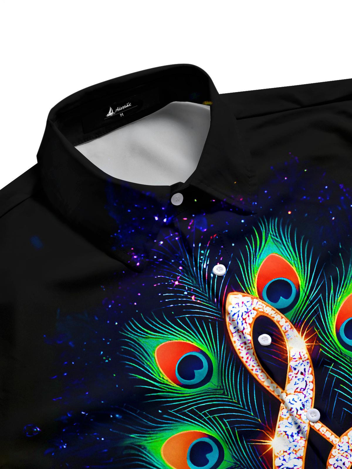 Shining Peacock Feathers Music Notes Men's Pocket Short Sleeve Shirts