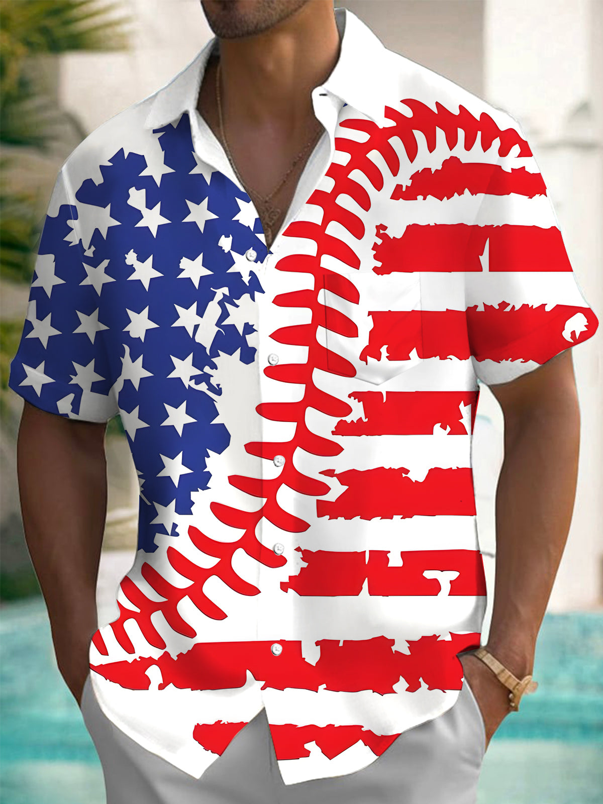 American Flag Baseball Print Men's Pocket Short Sleeve Shirts