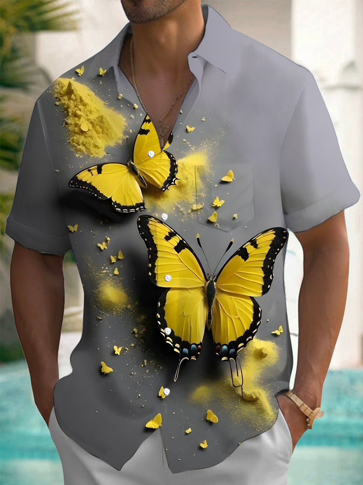 Butterfly Print Men's Pocket Short Sleeve Shirts