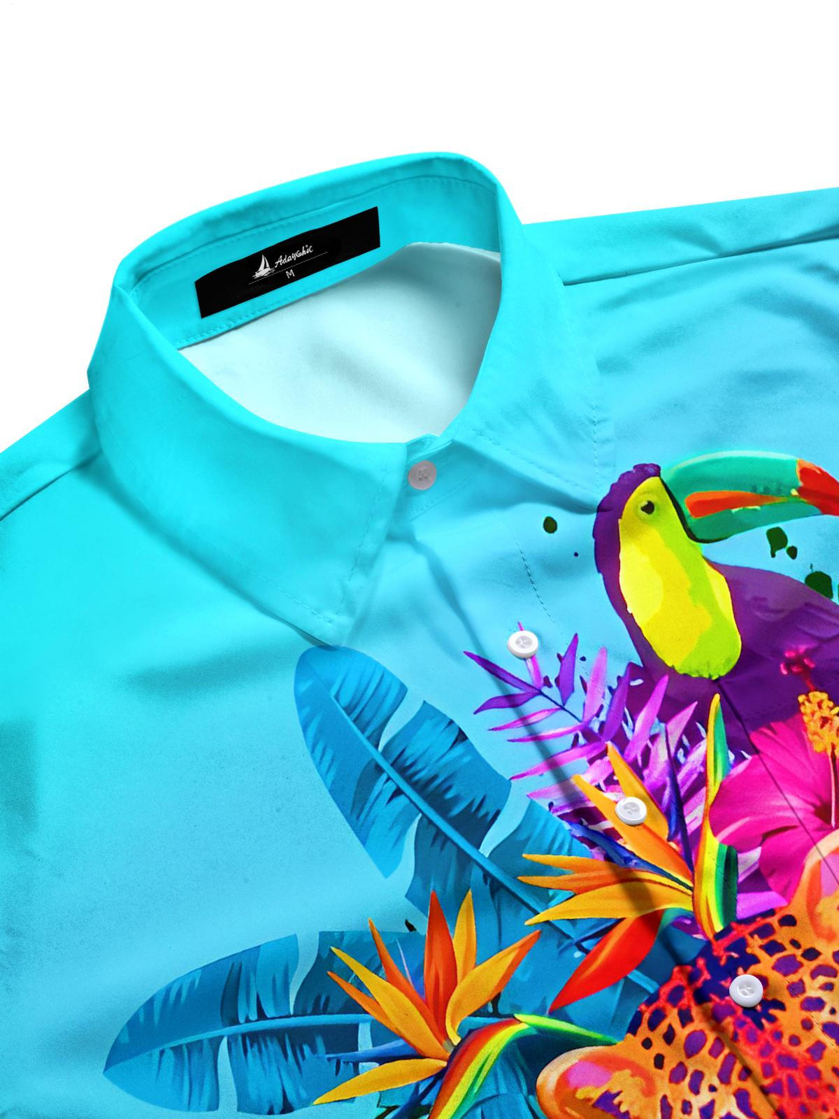 Hawaiian Cheetah Parrot Butterfly Flower Leaf Men's Pocket Short Sleeve Shirts