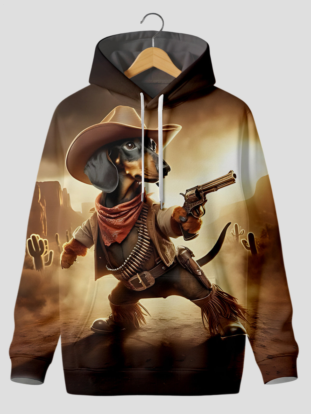 Western Cowboy Dachshund Print Men's Long Sleeve Printing Pocket Hooded Sweatshirt