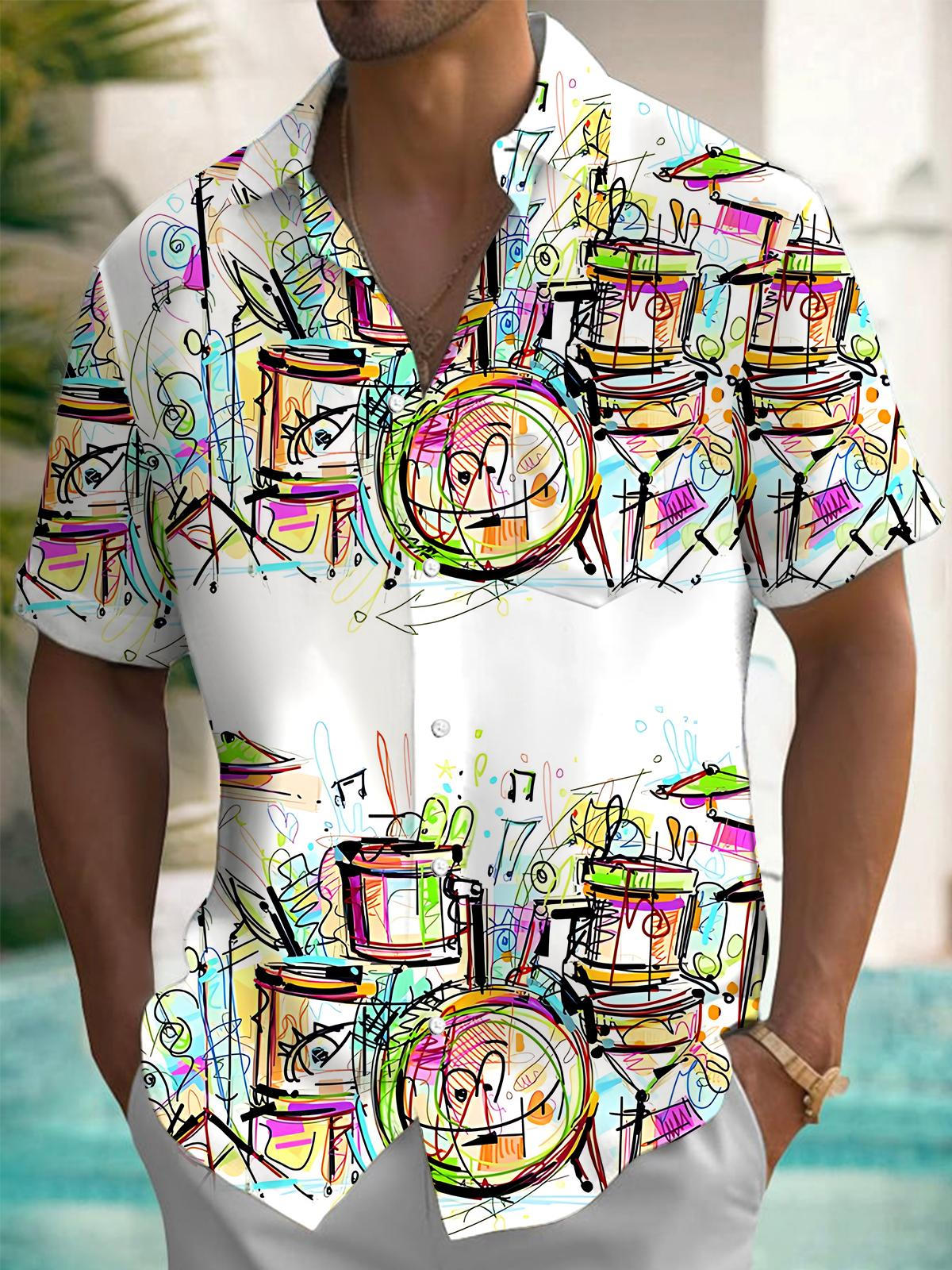 Colored Musical Instruments Drum Set Painting Art Print Men's Pocket Short Sleeve Shirts