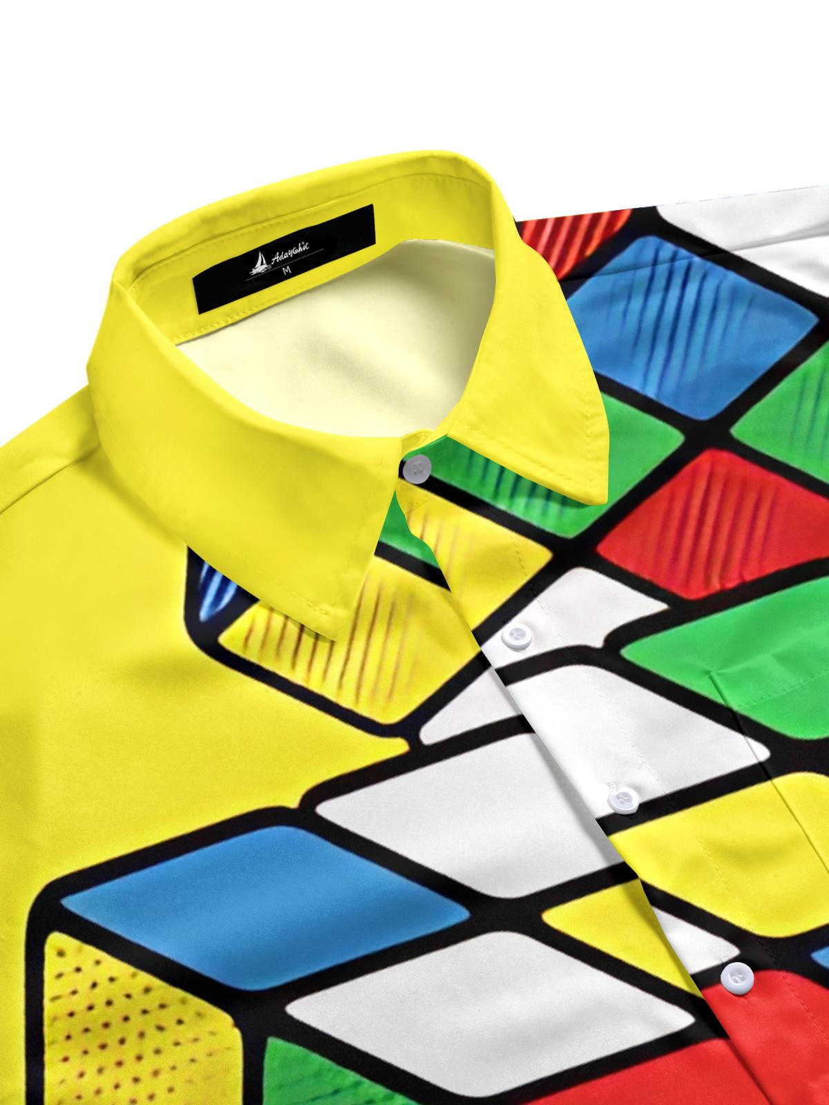Rubik's Cube Print Men's Pocket Short Sleeve Shirts