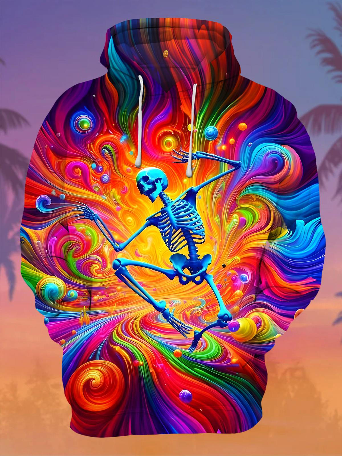 Tie Dye Skull Men's Long Sleeve Printing Pocket Hooded Sweatshirt