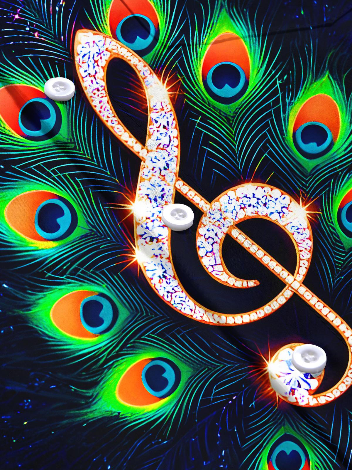 Shining Peacock Feathers Music Notes Men's Pocket Short Sleeve Shirts