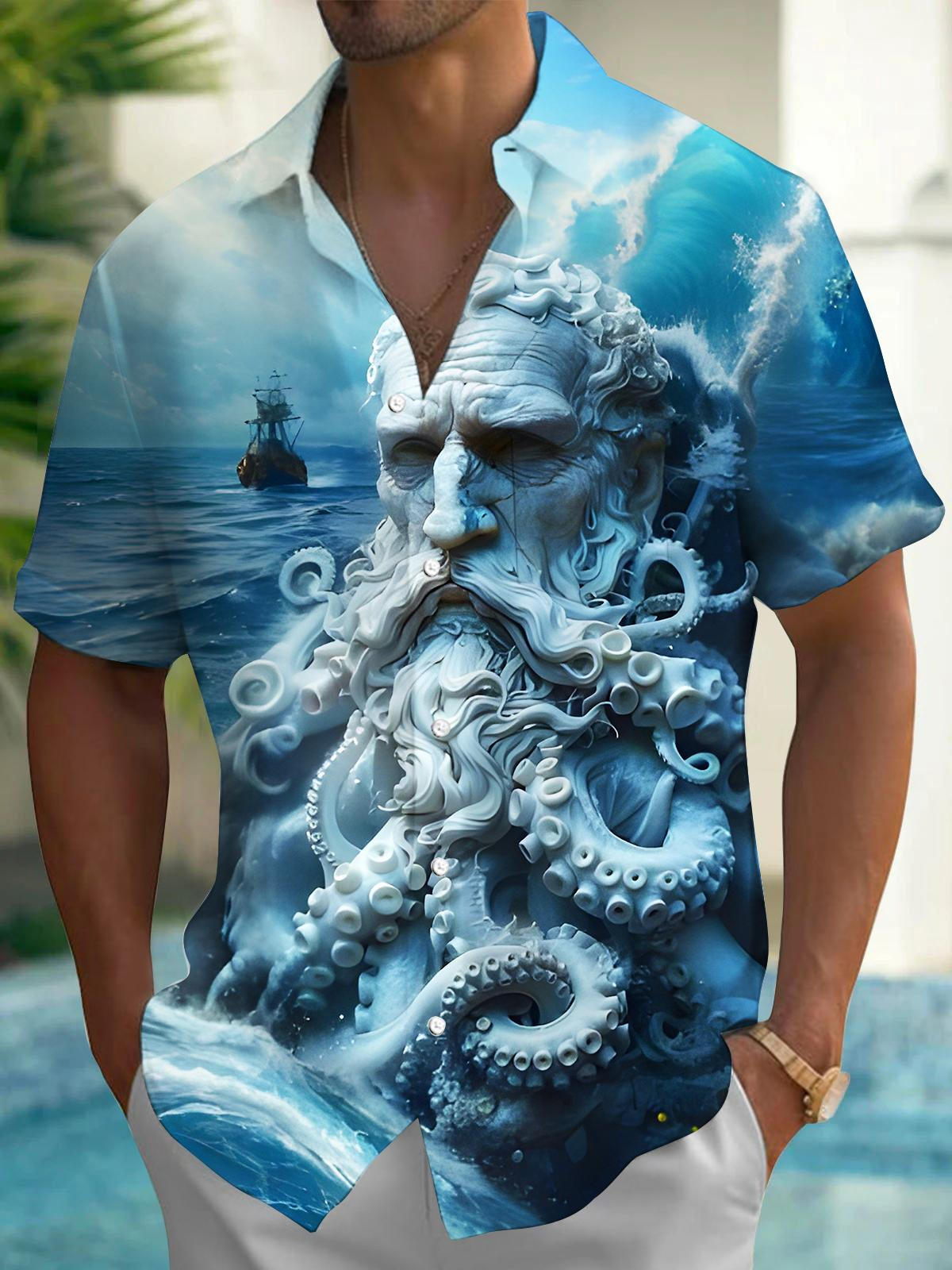 Octopus Giant Ocean Boat Men's Pocket Short Sleeve Shirts
