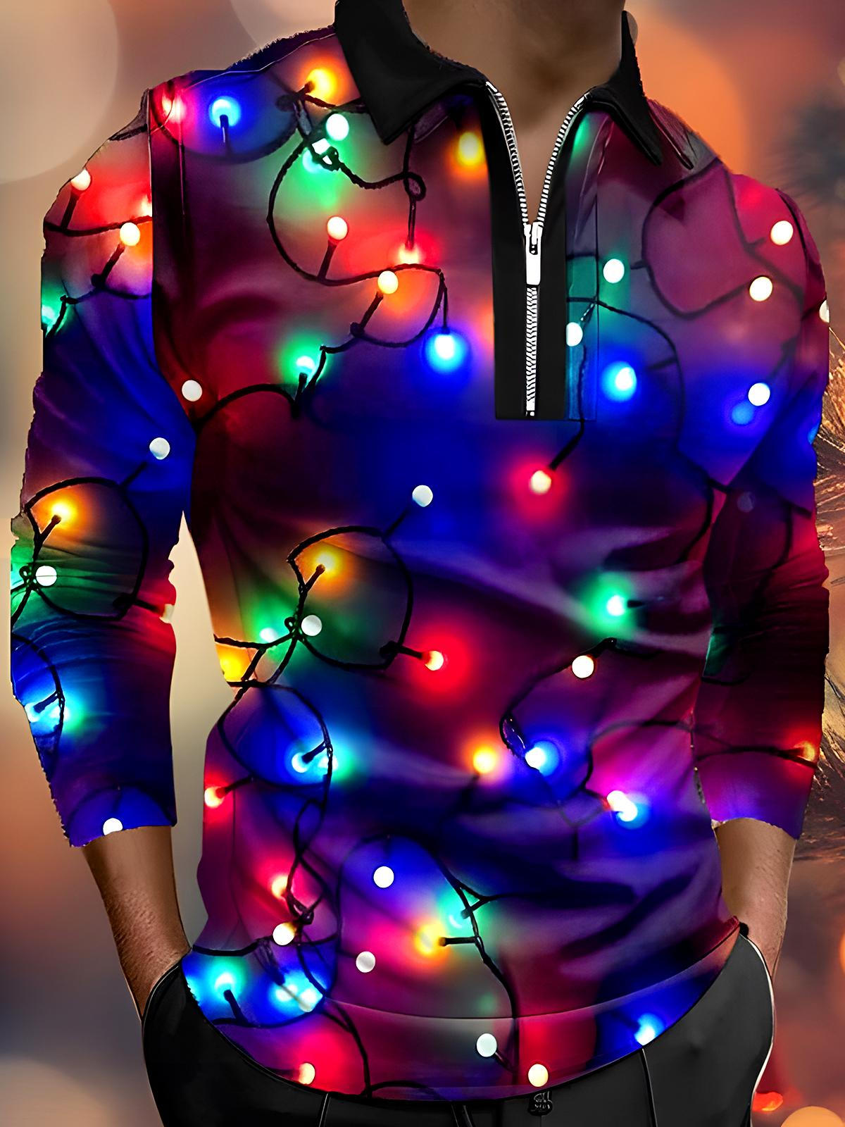 Christmas Lights Men's Long Sleeve Zipper Polo