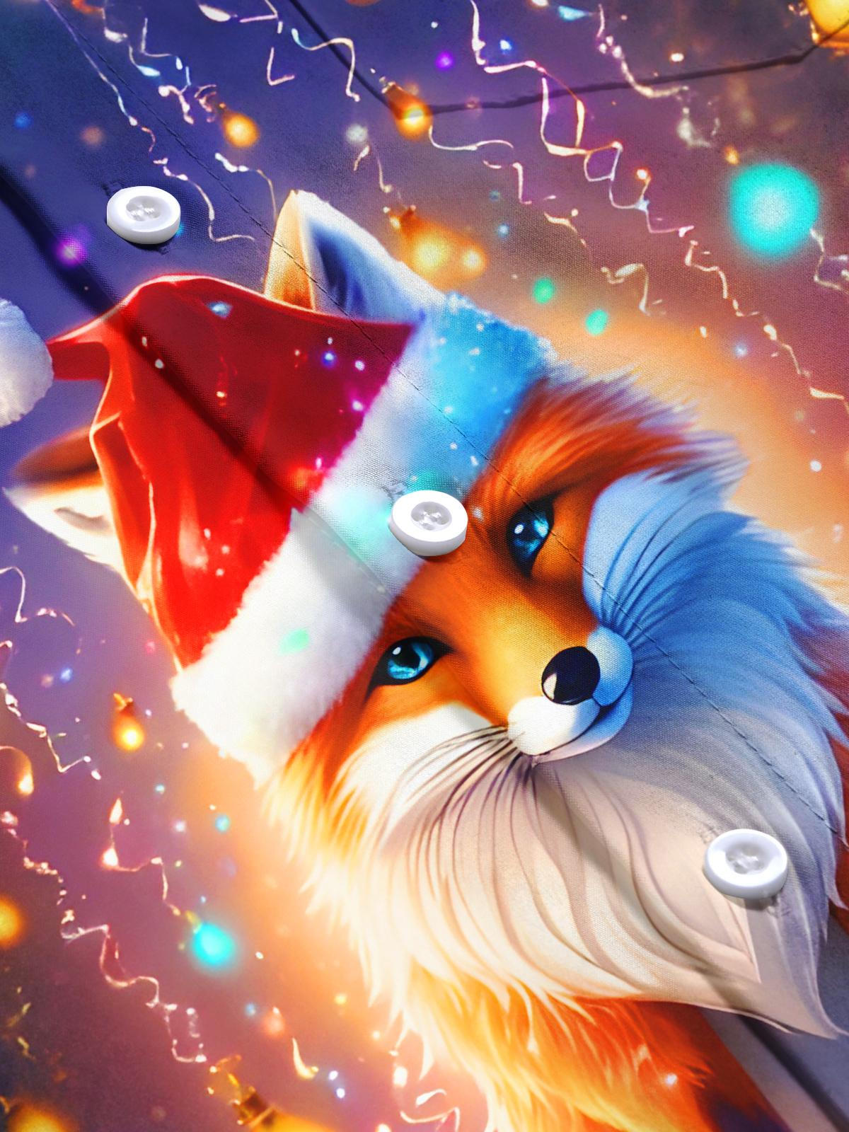 Funny Snow Fox Christmas Hat Lights Xmas Men's Pocket Short Sleeve Shirts