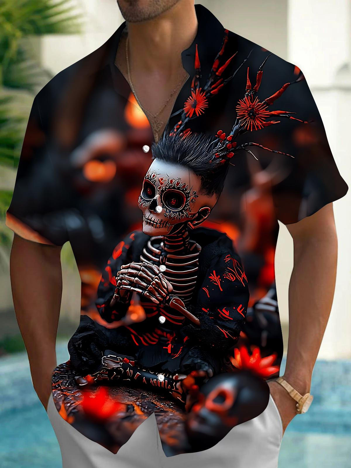 Skull Art Print Men's Pocket Short Sleeve Shirts