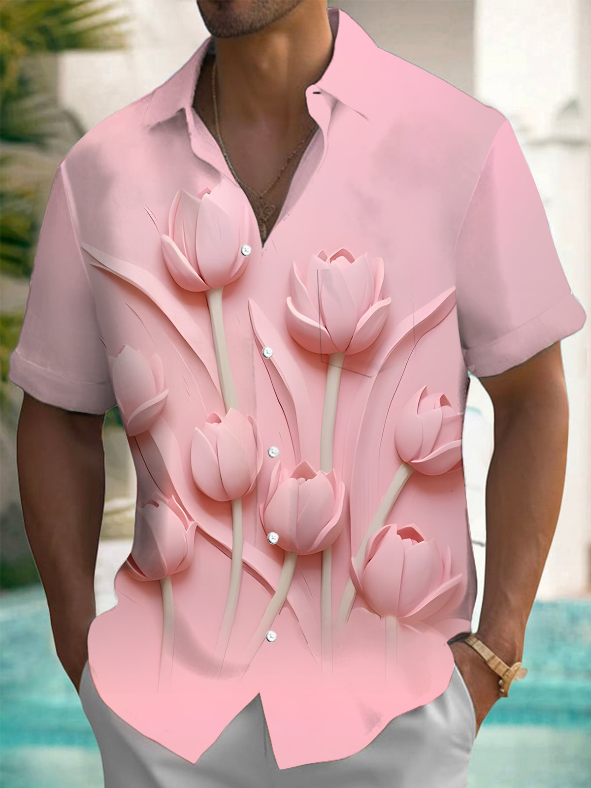 Floral Print Men's Pocket Short Sleeve Shirts