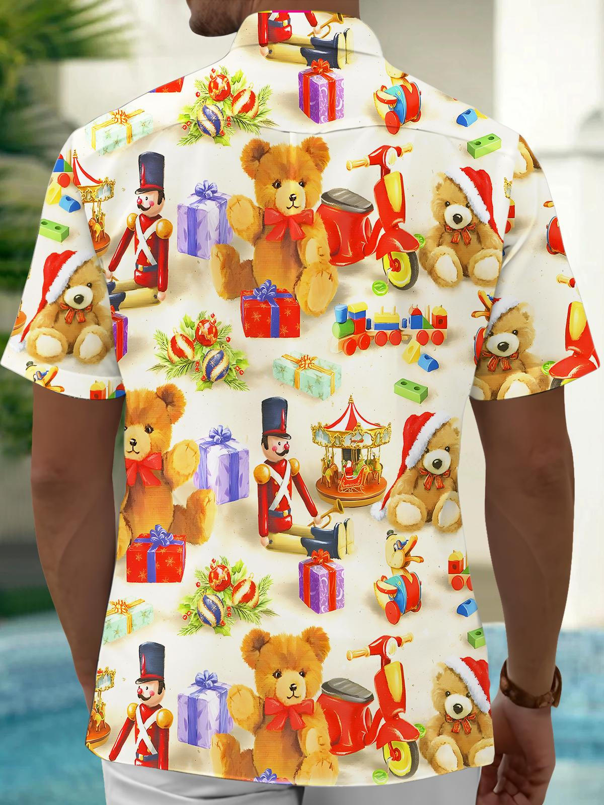 Fun Christmas Plush Bear Toy Gift Xmas Men's Pocket Short Sleeve Shirts