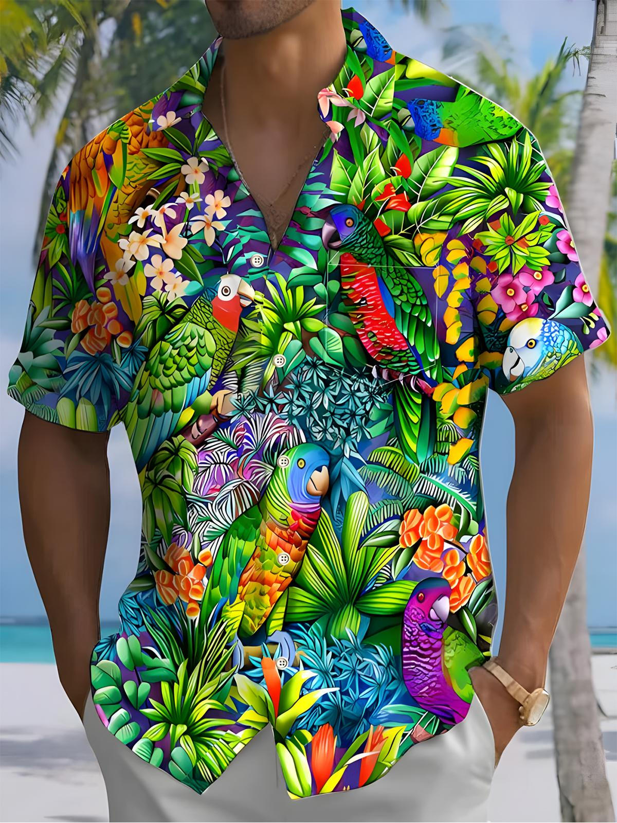 Hawaiian Parrot Print Men's Pocket Short Sleeve Shirts